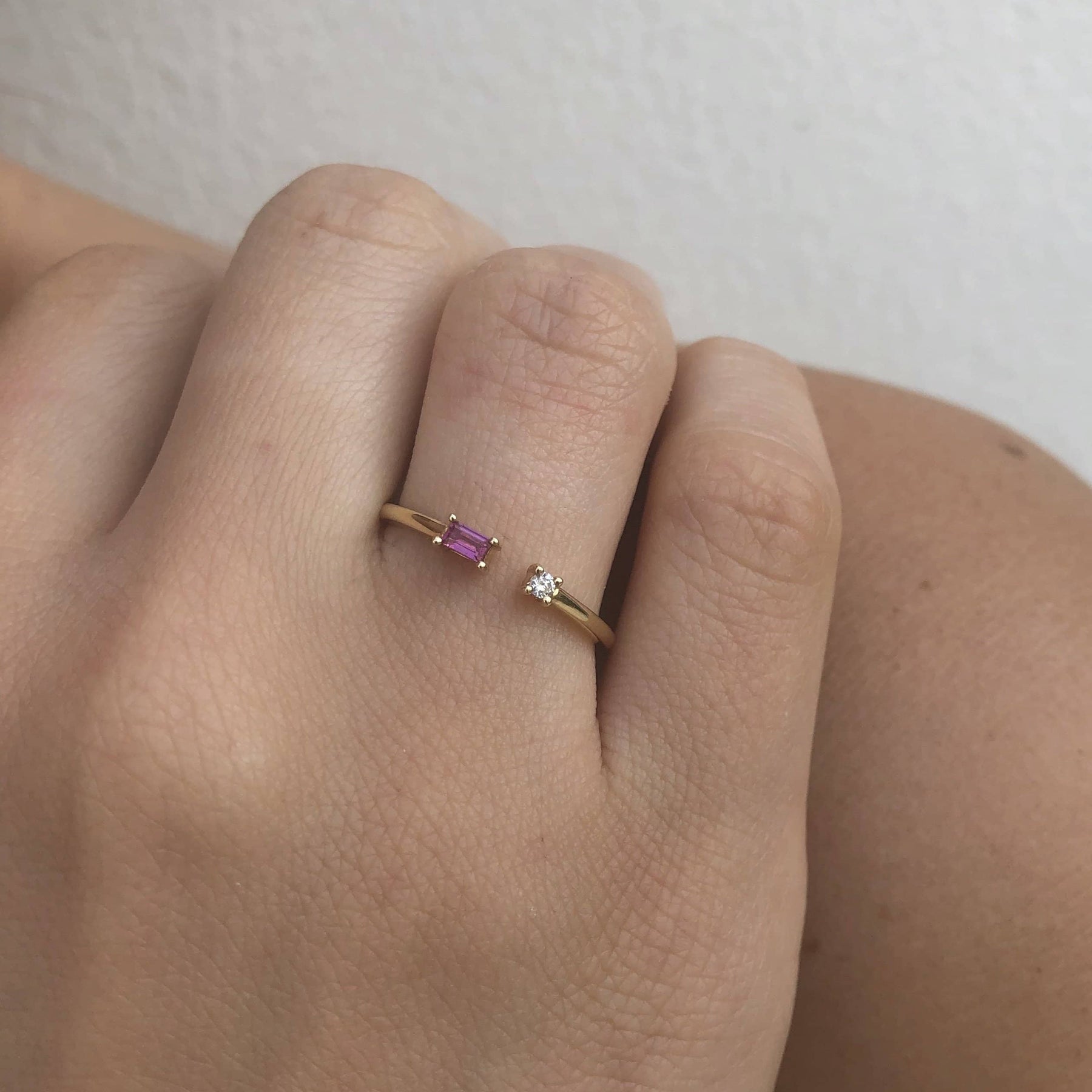 14K Open Ring with Baguette and Diamond